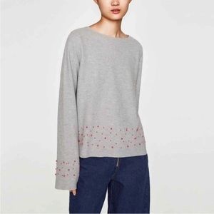 Zara Traufalac Sweater Gray Faux Pink Pearl Beaded Medium NWT